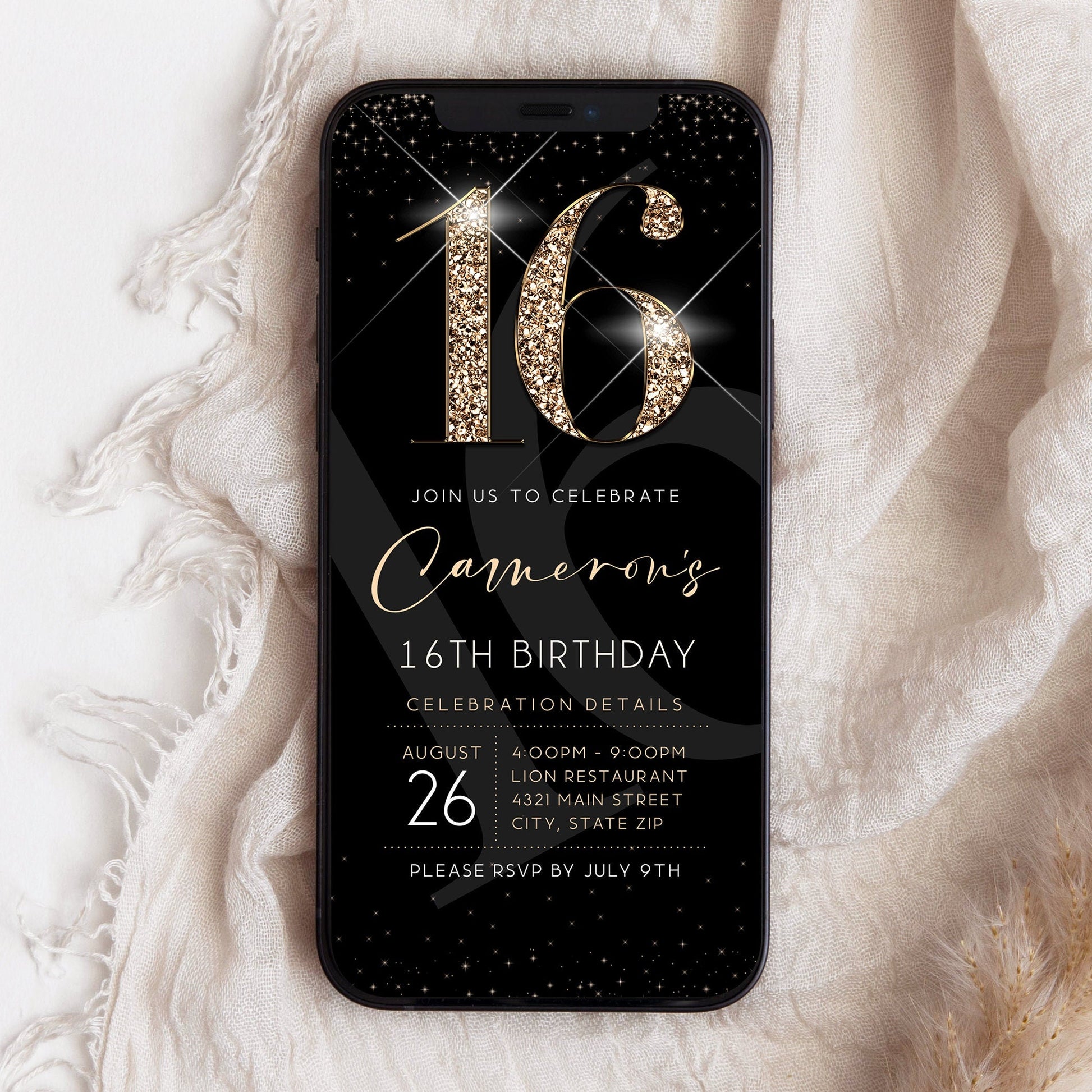 Luxury Digital 16th Sixteen Birthday Evite Invitation Template, Electronic Black Gold Modern Invite, Email Text Message Evite, Phone Invite