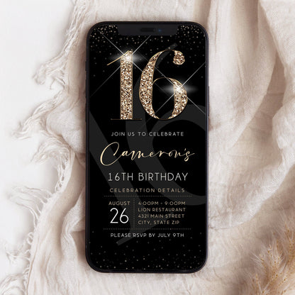 Luxury Digital 16th Sixteen Birthday Evite Invitation Template, Electronic Black Gold Modern Invite, Email Text Message Evite, Phone Invite