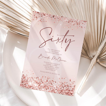 Editable 60th Birthday Invitation Template, Rose Gold Confetti Digital Card, Printable Sixty Birthday Evite, Pink Text Message Invite