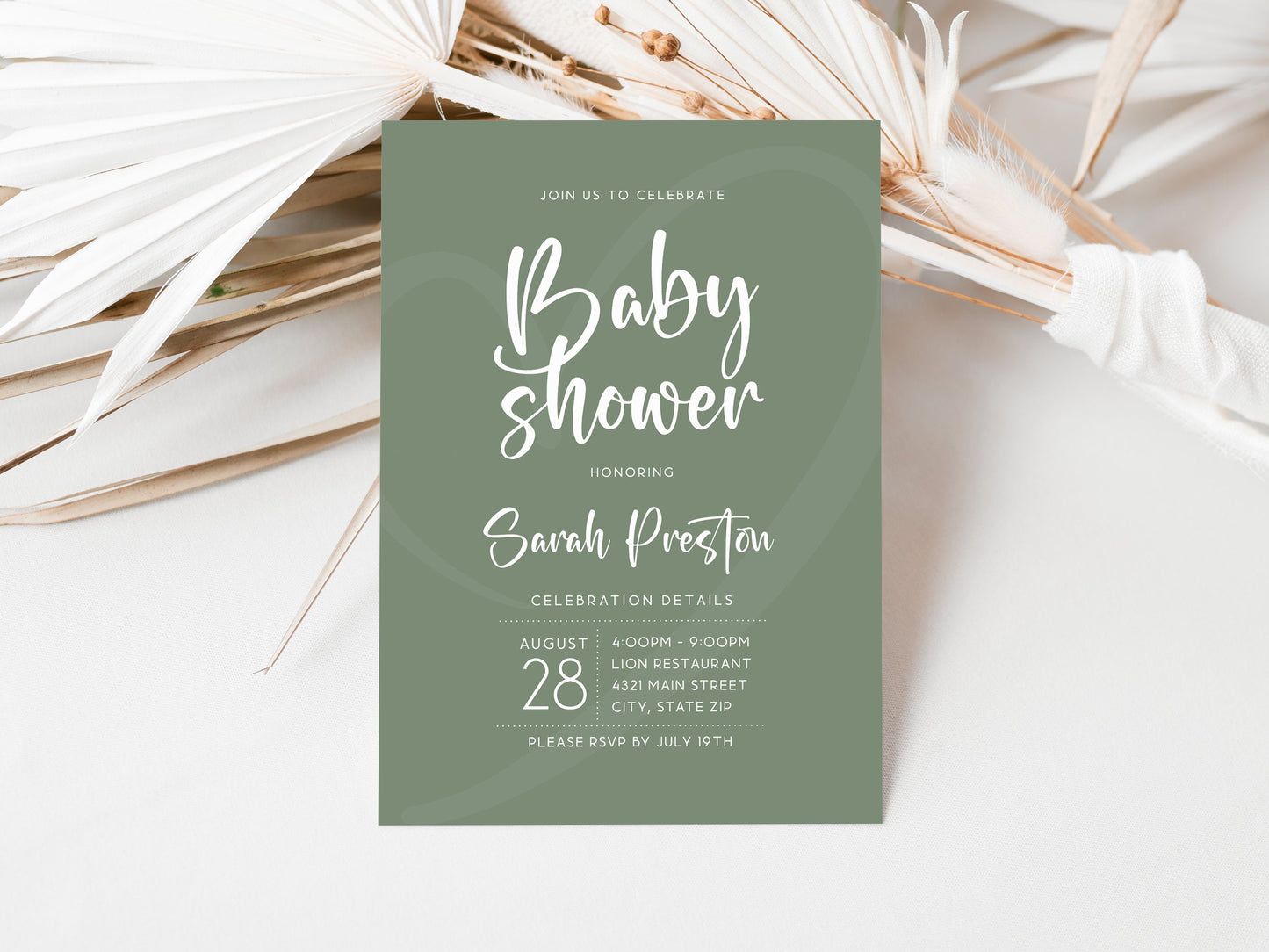 Minimalist Sage Green Baby Shower Invitation Template – Gender Neutral Editable Baby Shower Invite – Modern Hello Baby Invitation – Instant Download