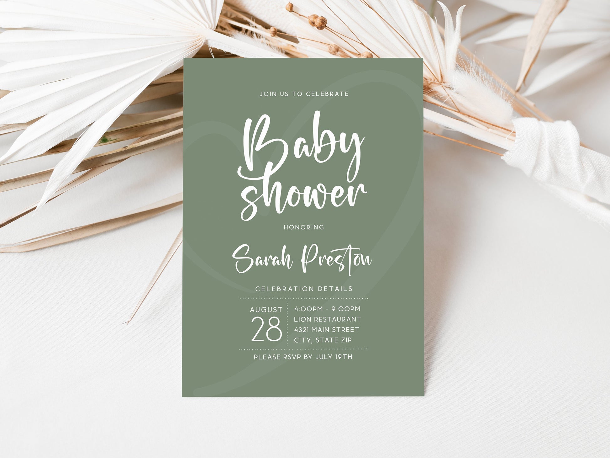 Minimalist Sage Green Baby Shower Invitation Template – Gender Neutral Editable Baby Shower Invite – Modern Hello Baby Invitation – Instant Download