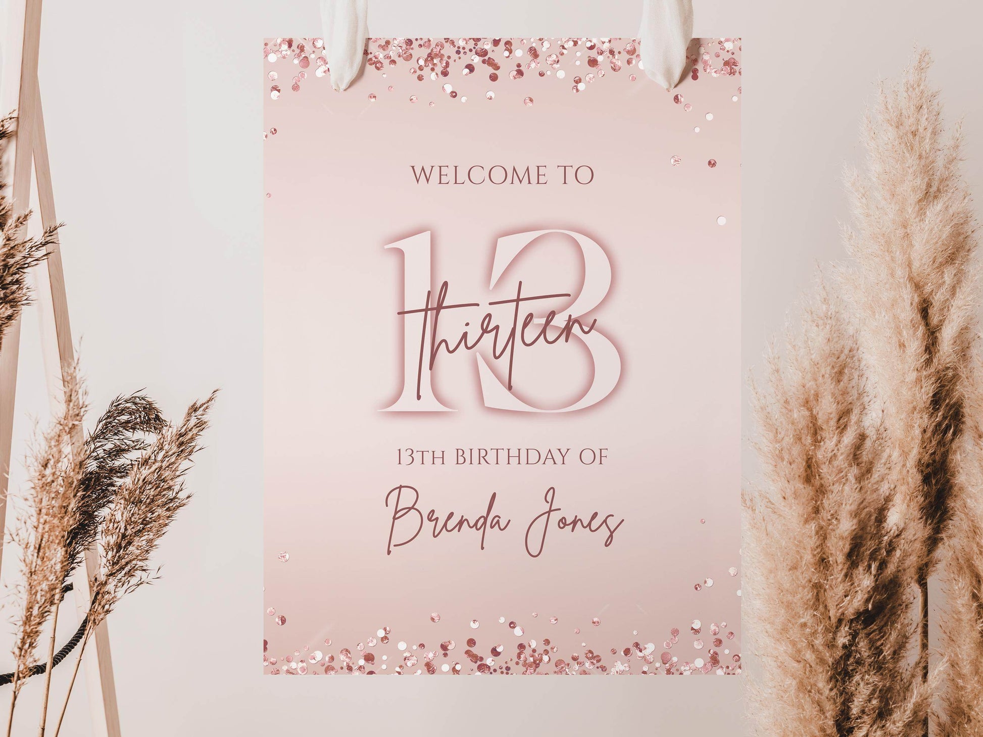 13th Birthday Welcome Sign Template | Editable Pink & Rose Gold Girl Party Poster | Printable Teen Birthday Decorations | Instant Digital Download