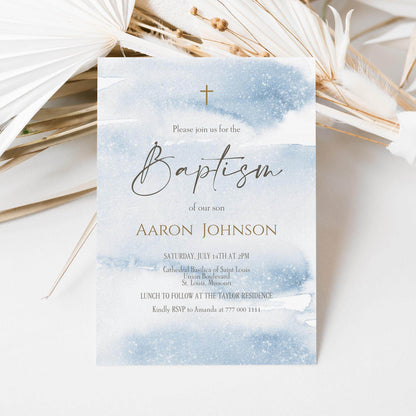 Boy Baptism Invitation Template Printable, Blue Watercolor Christening Invite, Editable Baptism Card, Email Text Message Digital Evite