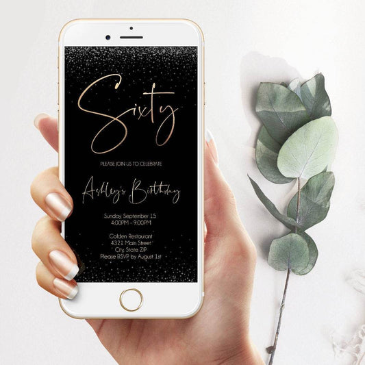 Editable 60th Electronic Birthday Invitation – Sixty Digital Phone Text Invite | SMS Birthday Evite Template | Instant Download