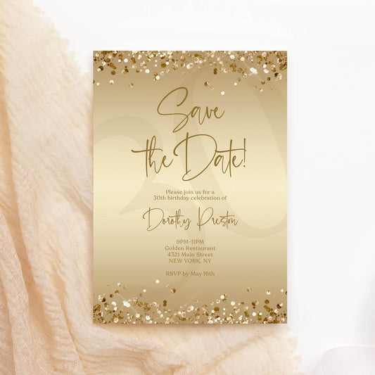Gold Save the Date Birthday Invitation Template | Editable Any Age Party Invite | Printable Gold Foil Confetti Card | Text Message or Email | Instant Download