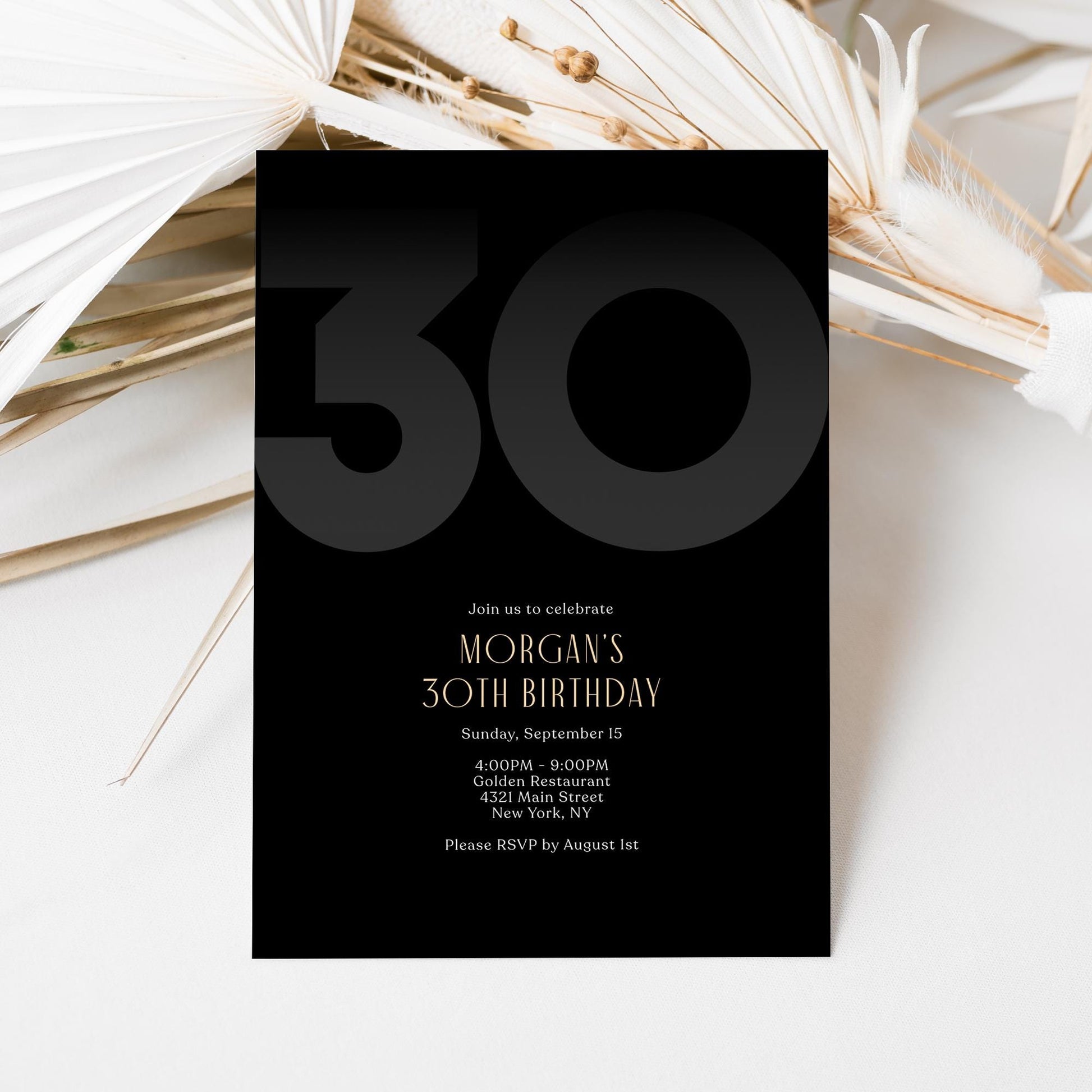 Black 30th Thirty Birthday Invitation Template, Editable Modern Party Invite for Him, Printable Black Elegant Invitation, Instant Download