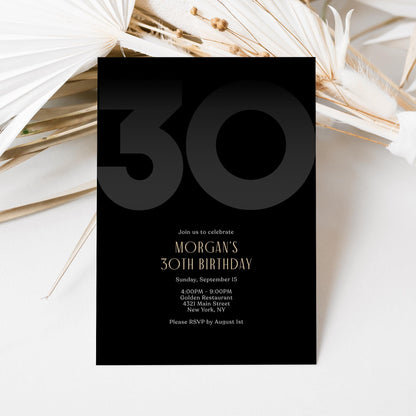 Black 30th Thirty Birthday Invitation Template, Editable Modern Party Invite for Him, Printable Black Elegant Invitation, Instant Download