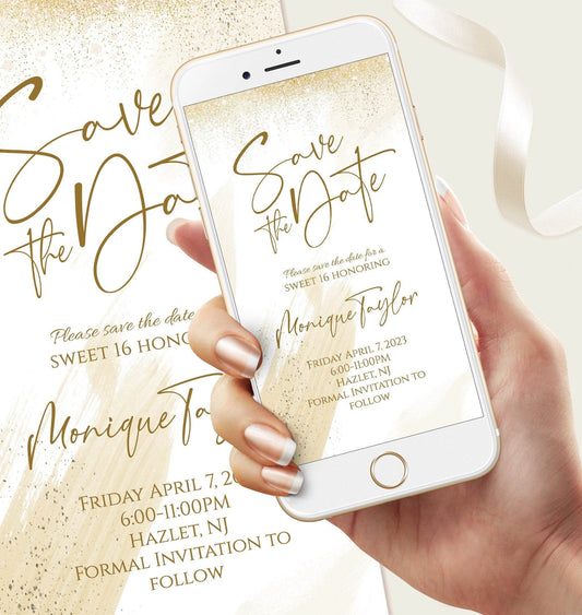 Digital Gold Save the Date Evite – Editable 16th Birthday Electronic Invitation Template | Custom Sixteen Save the Date | Instant Download
