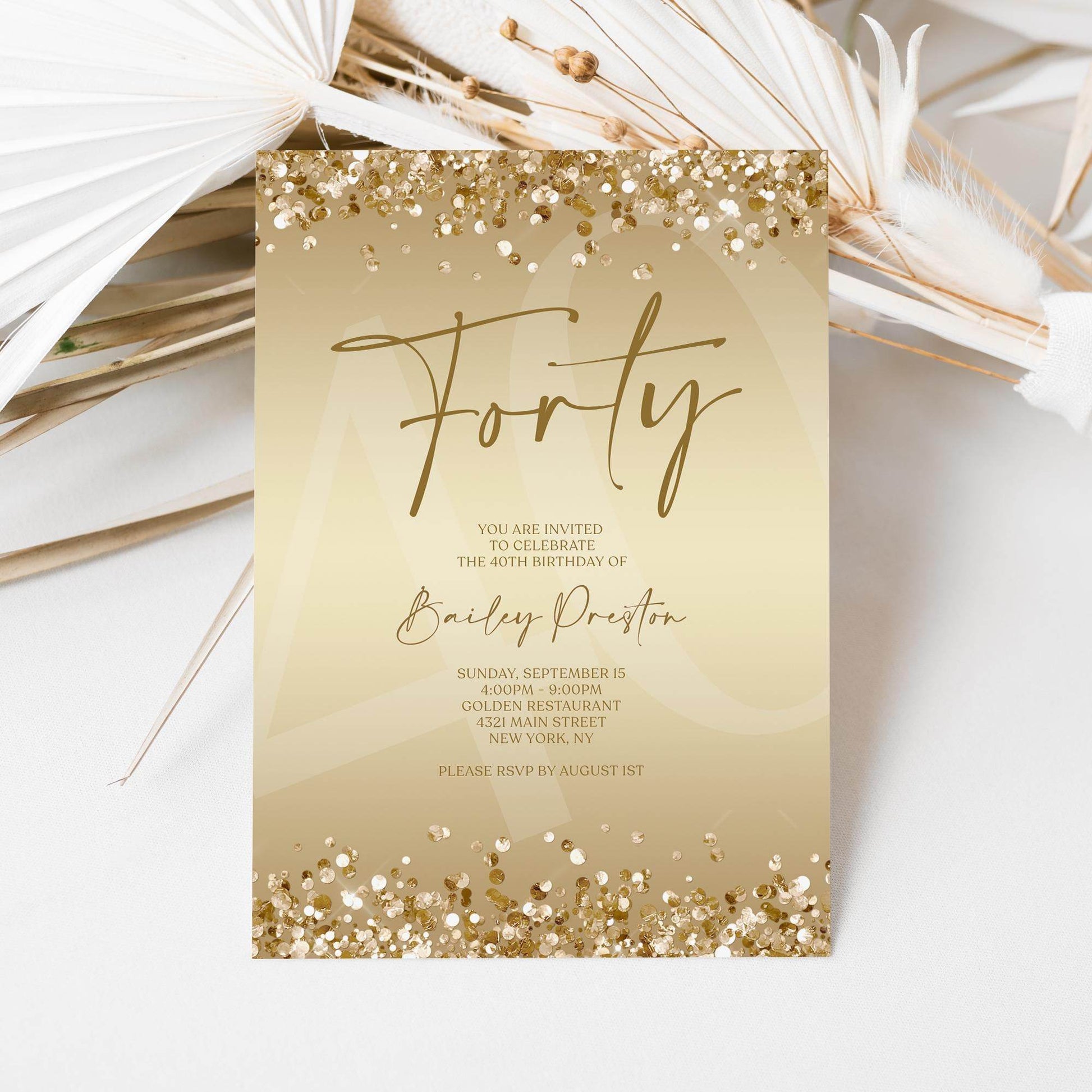 Gold 40th Birthday Invitation Template, Editable Forty Party Printable Invite, Ladies Surprise Birthday Evite, Text Message Digital Download