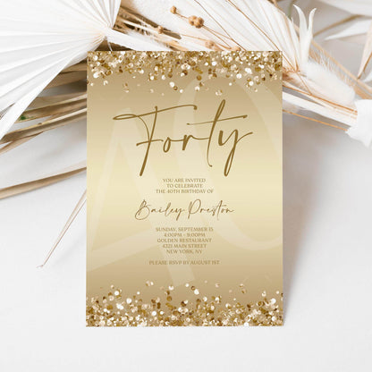 Gold 40th Birthday Invitation Template, Editable Forty Party Printable Invite, Ladies Surprise Birthday Evite, Text Message Digital Download