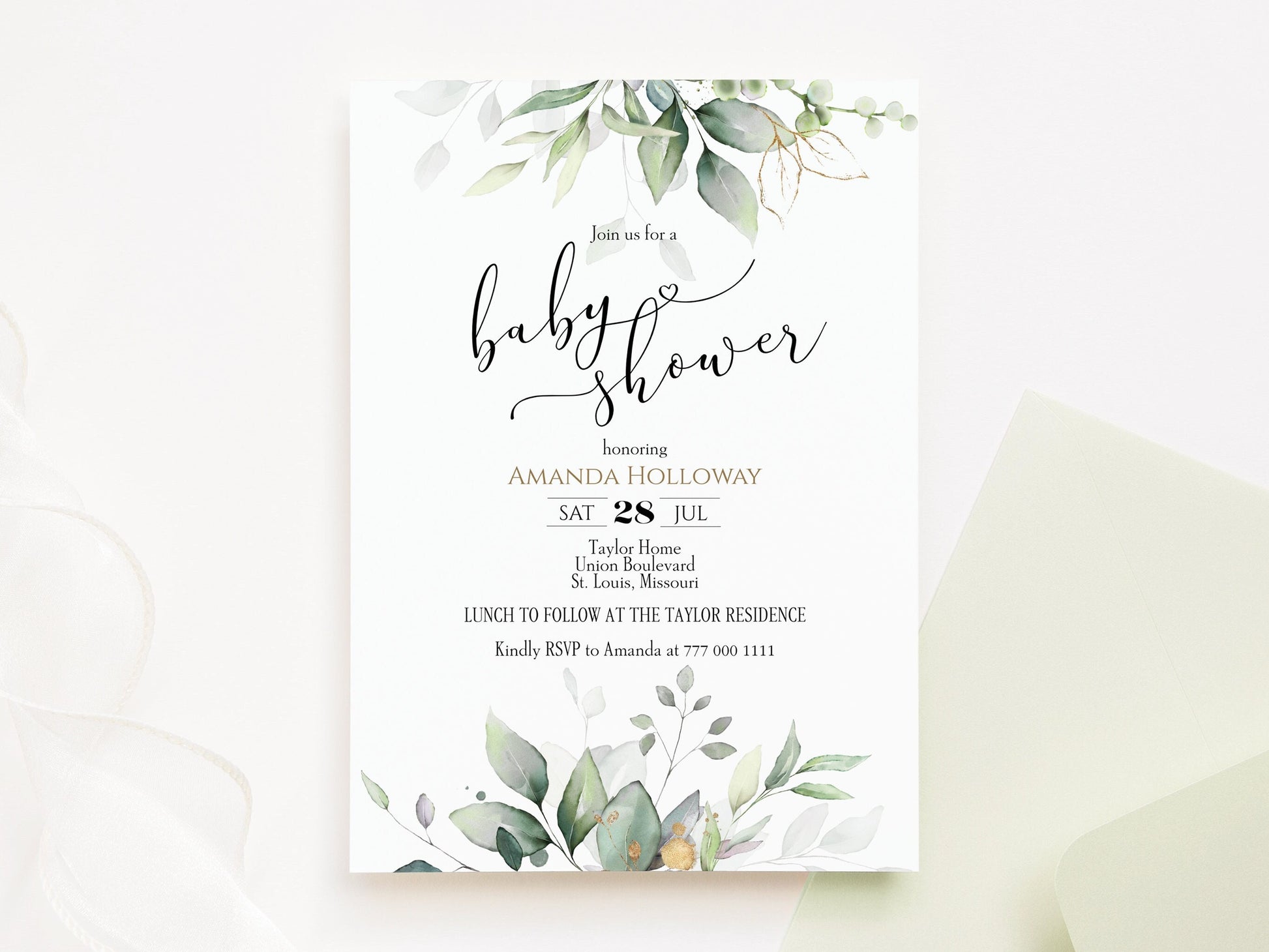 Greenery Baby Shower Invitation Template, Editable Invite, Printable Baby Shower Evite Card, Eucalyptus Gold Foil Leaves, Digital Template