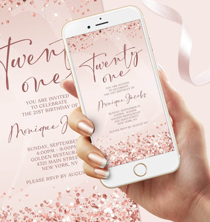 21st Birthday Invitation Template Digital, Rose Gold 21 Birthday Evite, Editable Electronic Invite, Text Message Instant Download