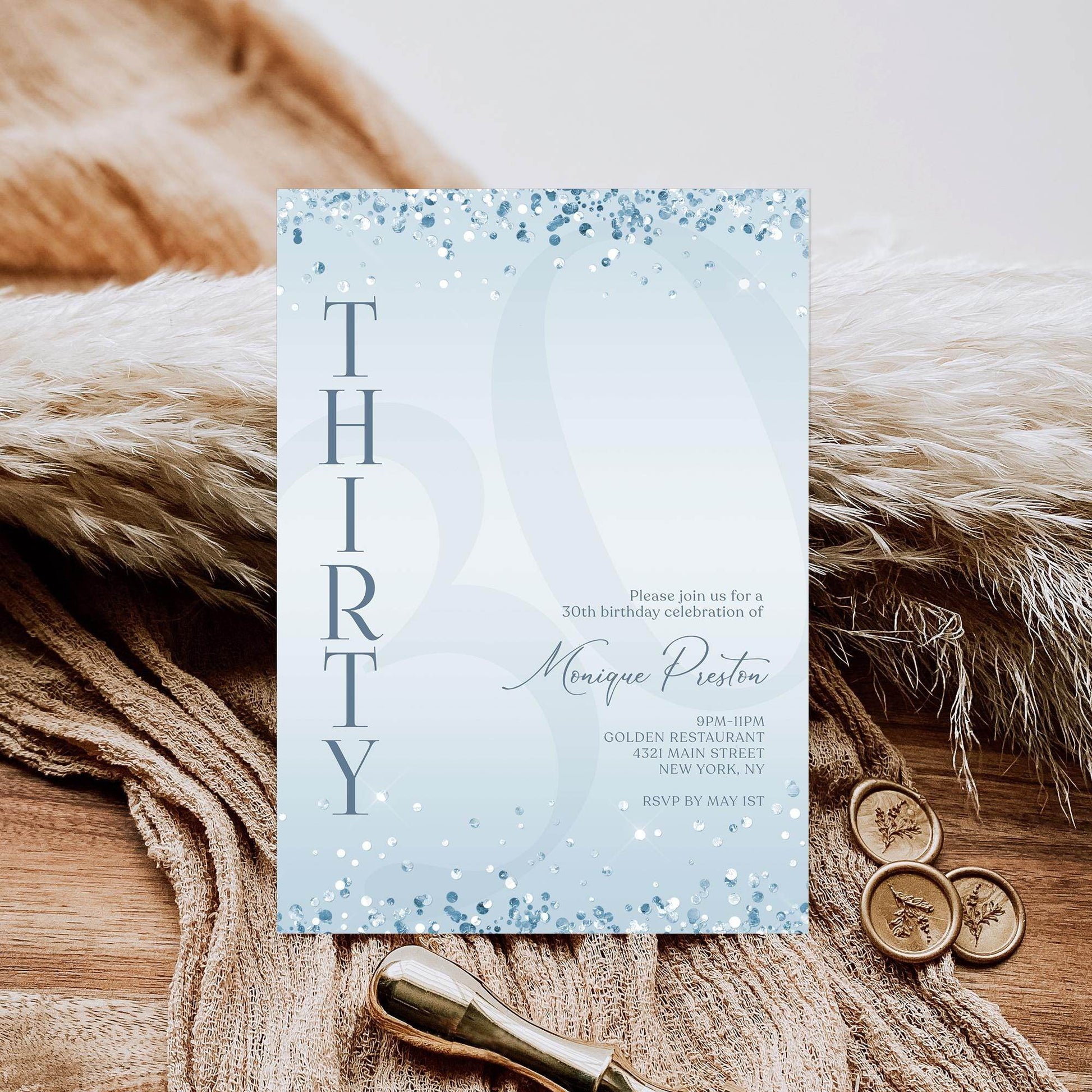 Editable Blue Confetti 30th Birthday Invitation Template | Printable Surprise Party Invite | Modern Digital Download for Text or Email