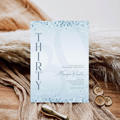 Editable Blue Confetti 30th Birthday Invitation Template | Printable Surprise Party Invite | Modern Digital Download for Text or Email