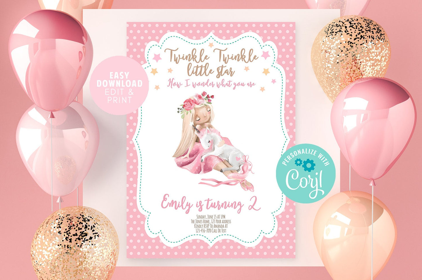 Unicorn Girl Birthday Invitation Template | Printable | Pink & Gold Theme | Editable/DIY
