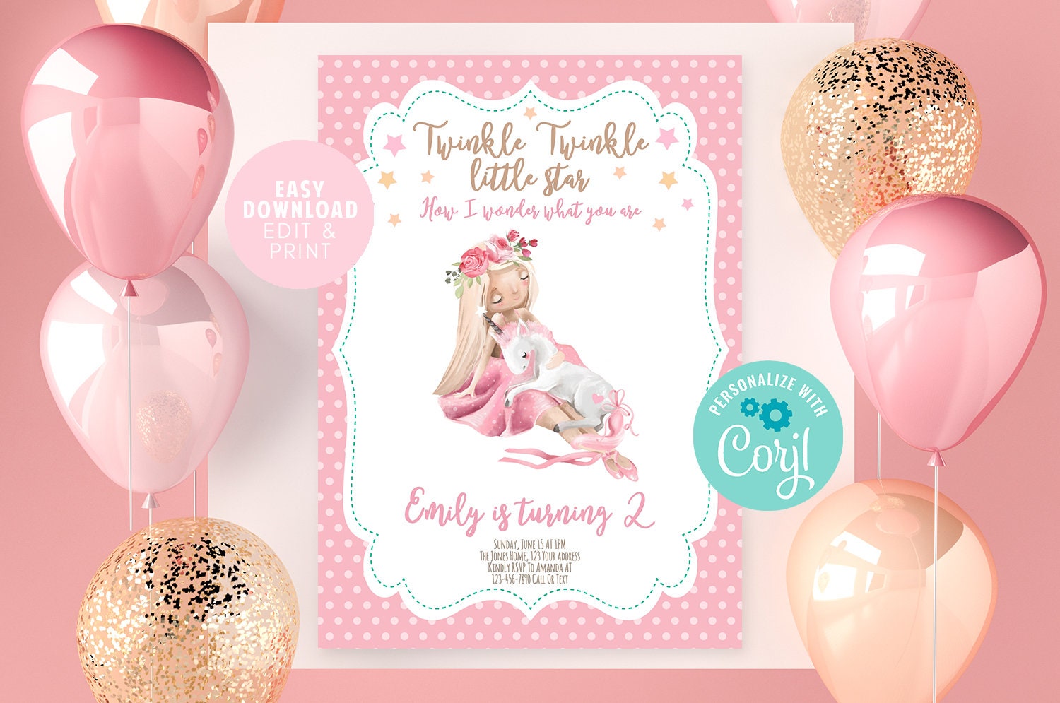 Unicorn Girl Birthday Invitation Template | Printable | Pink & Gold Theme | Editable/DIY