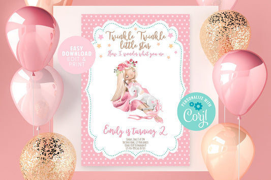 Unicorn Girl Birthday Invitation Template | Printable | Pink & Gold Theme | Editable/DIY