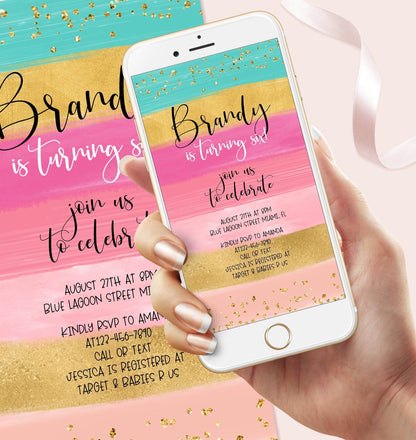 Digital 6th Six Girl Birthday Party Text Invitation, Electronic Rainbow Gold Birthday Invite Text Evite, Instant Download, Editable Template