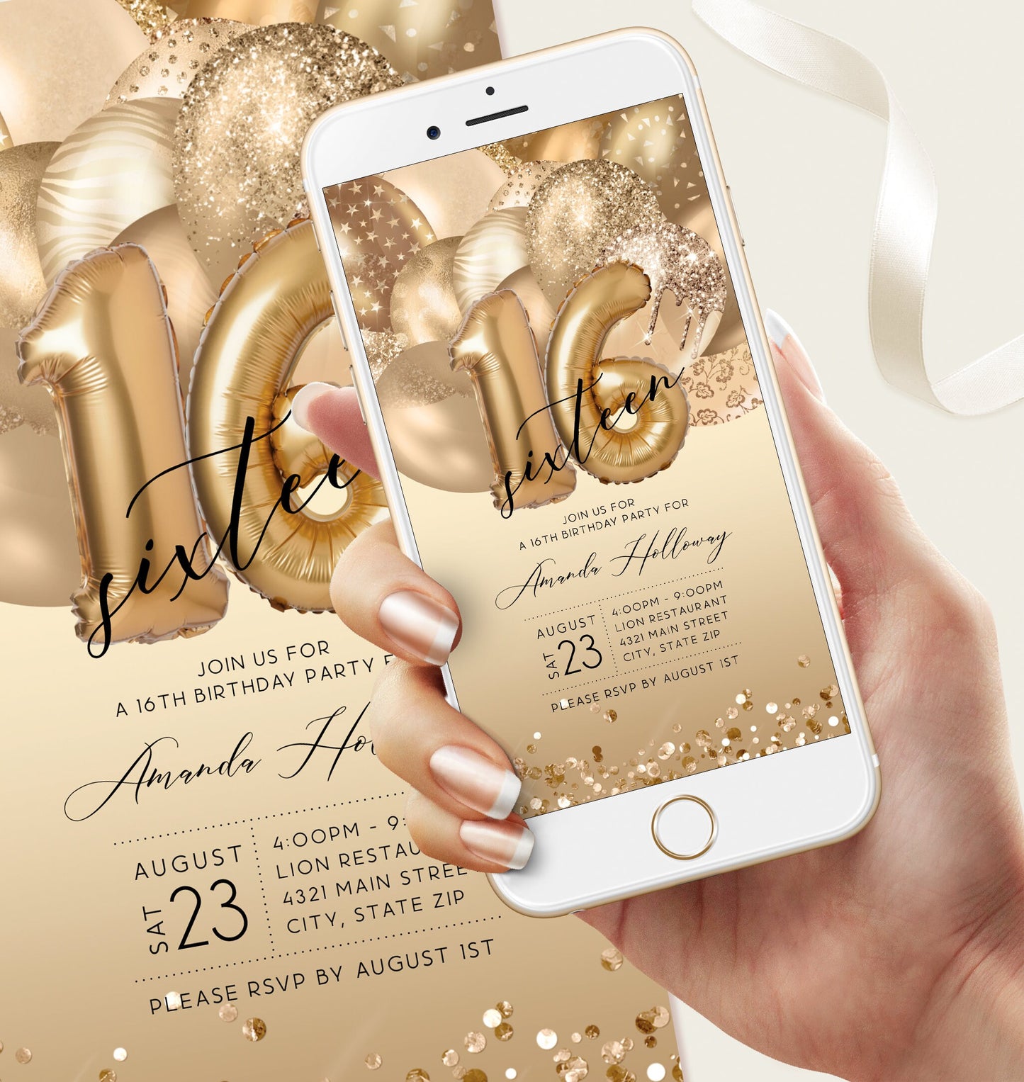 Digital Sixteen 16th Birthday Electronic Invite, Editable Gold Balloons Invite, Text Message Evite, Custom Mobile Invitation, DIY Template