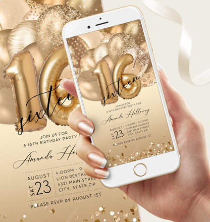Digital Sixteen 16th Birthday Electronic Invite, Editable Gold Balloons Invite, Text Message Evite, Custom Mobile Invitation, DIY Template