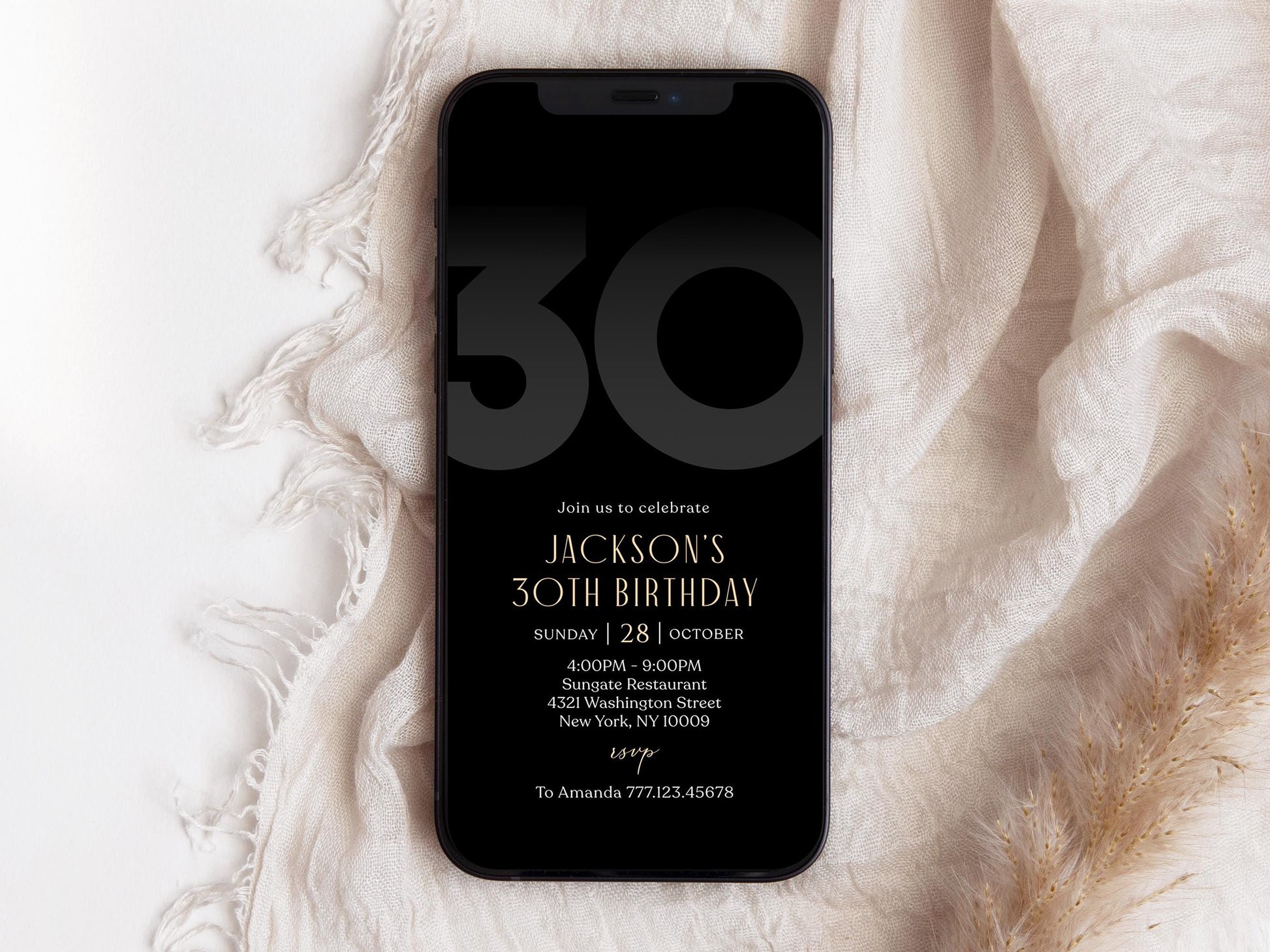 Digital Black 30th Thirty Birthday Invitation Template, Electronic Party Invite for Him, Simple Black Elegant Invitation, Text Message Evite