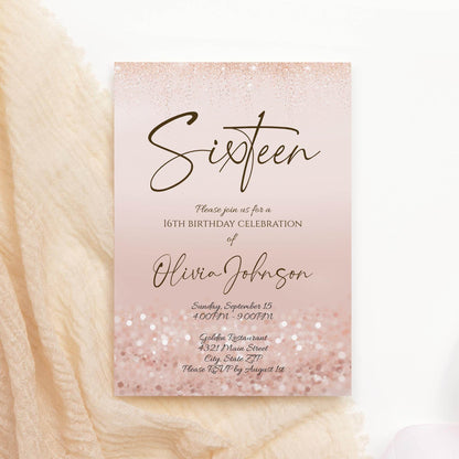 Girl 16th Sixteen Invitation Template Printable, Pink Birthday Party Invite, Editable Rose Gold Glitter Birthday Invitation Instant Download