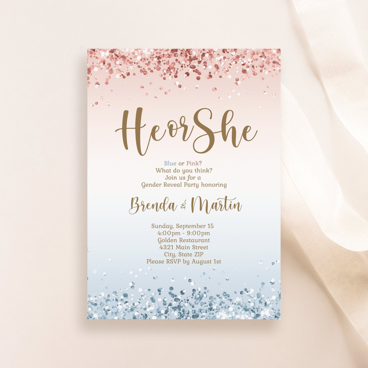 He or She Baby Shower Invitation Template, Boy or Girl, Blue and Pink Confetti, Gender Reveal Neutral Baby Shower Invite He or She Evite