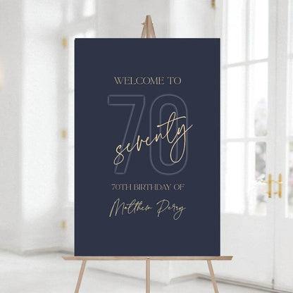 Seventy Printable Blue Navy Gold 70th Birthday Welcome Sign Template, Editable Welcome Sign Poster, Birthday Decorations, Instant Download