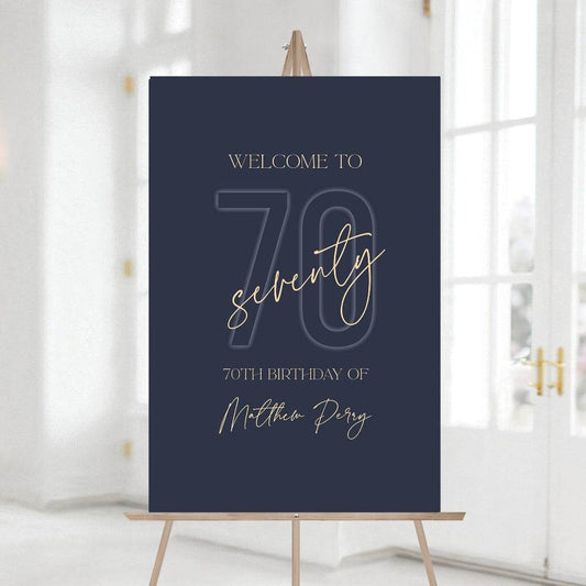 Seventy Printable Blue Navy Gold 70th Birthday Welcome Sign Template, Editable Welcome Sign Poster, Birthday Decorations, Instant Download