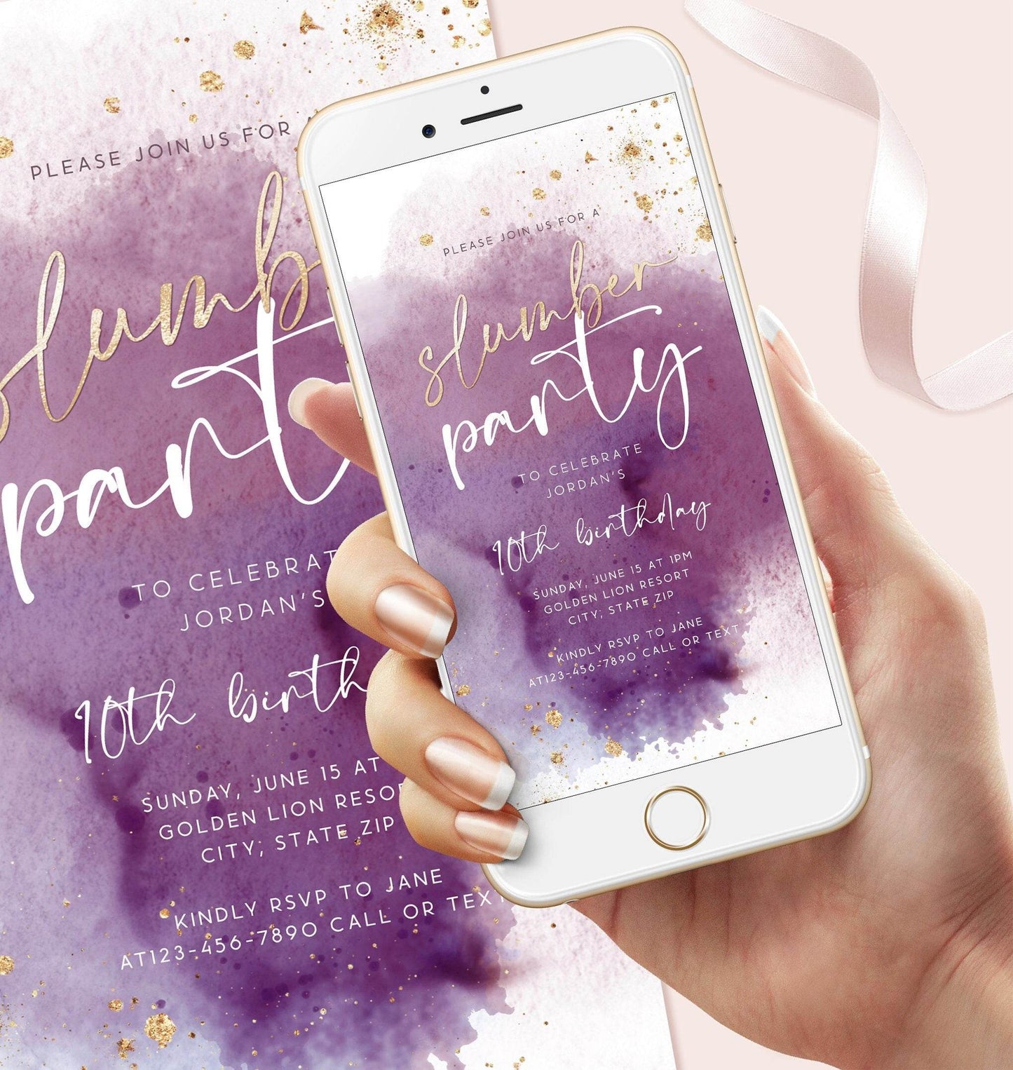 Digital Slumber Party Text Invitation Template, Editable Purple Gold Sleepover Evite, Mobile DIY Invite, Instant Download, Girls Night
