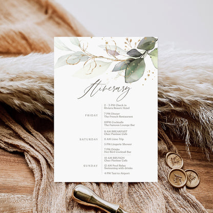 Editable Weekend Itinerary Card Template, Birthday Weekend, Printable Weekend Itinerary, Hens Weekend, Bachelorette, Greenery Eucalyptus