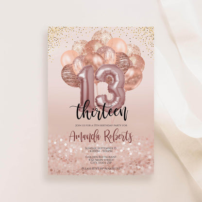 Thirteen 13th Birthday Invitation, Editable Birthday Invite with Balloons, Printable & Digital Text Message Evite, Instant Download