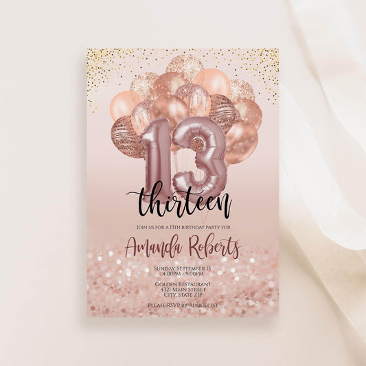 Thirteen 13th Birthday Invitation, Editable Birthday Invite with Balloons, Printable & Digital Text Message Evite, Instant Download