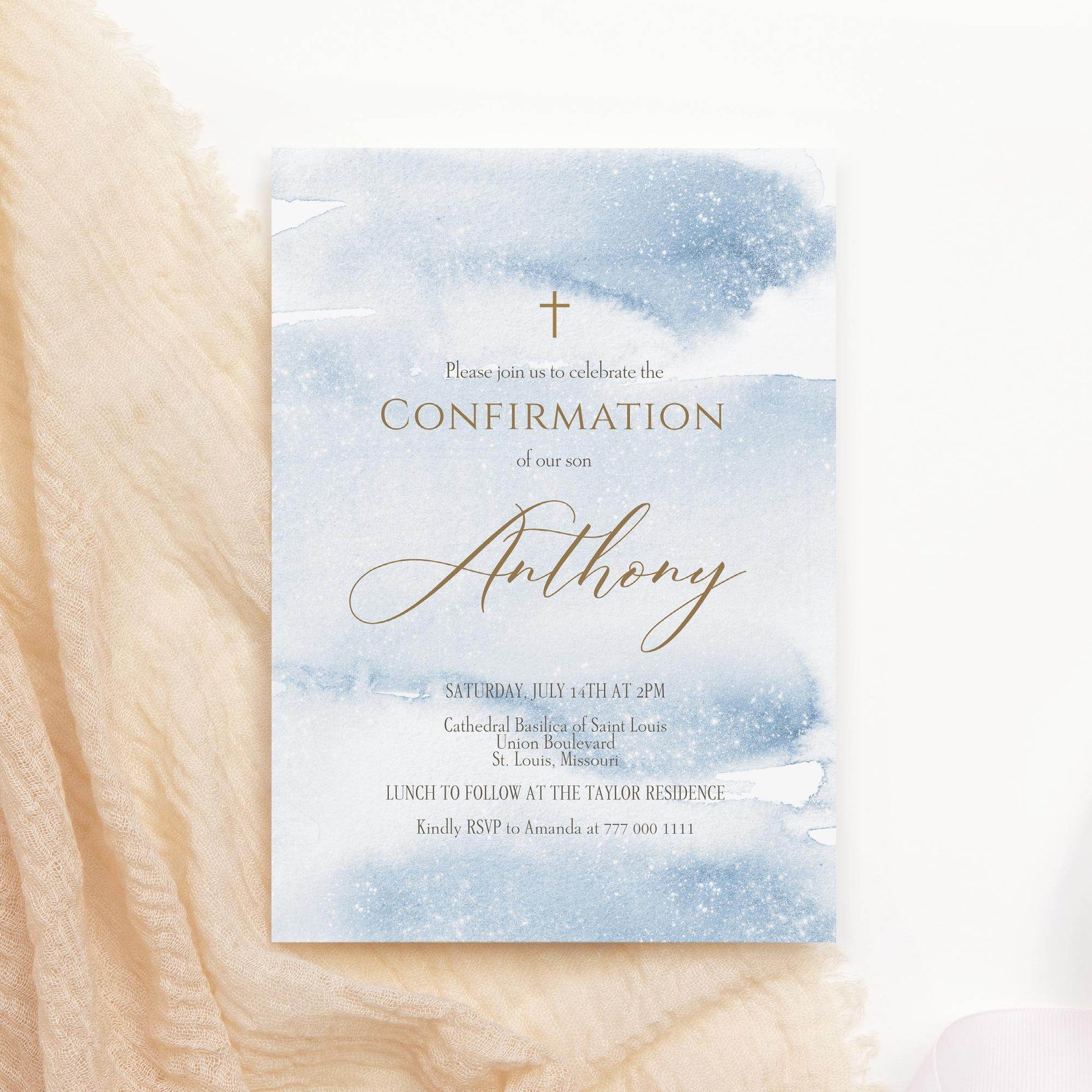 Boy Confirmation Invitation Template Printable , Blue Gold Watercolor Confirmation Invite, Editable Confirmation Card, Email Text Message