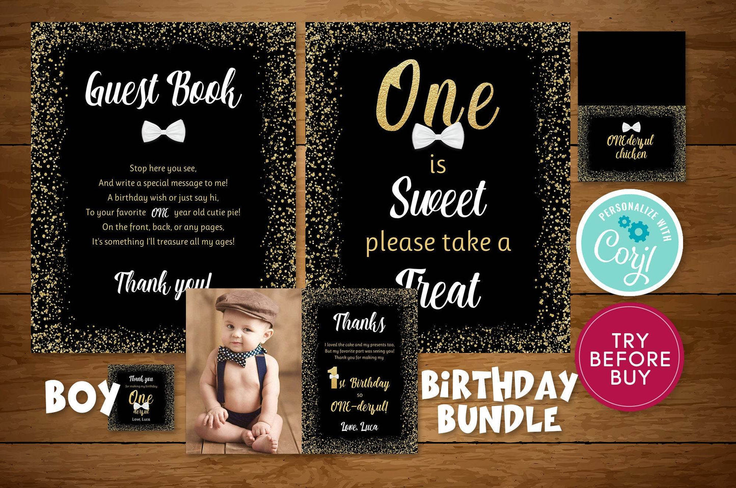 Editable Onederful Party Package, Mr. Onederful Birthday Party Bundle, Digital Boy Invitations, Thank You Cards, Signs, Instant Download Templates