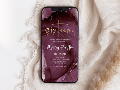 Digital Purple 16th Sixteen Birthday Invitation Template, Electronic Sixteen Party Invites, Editable Boy or Girl Invite, Text Message Evite