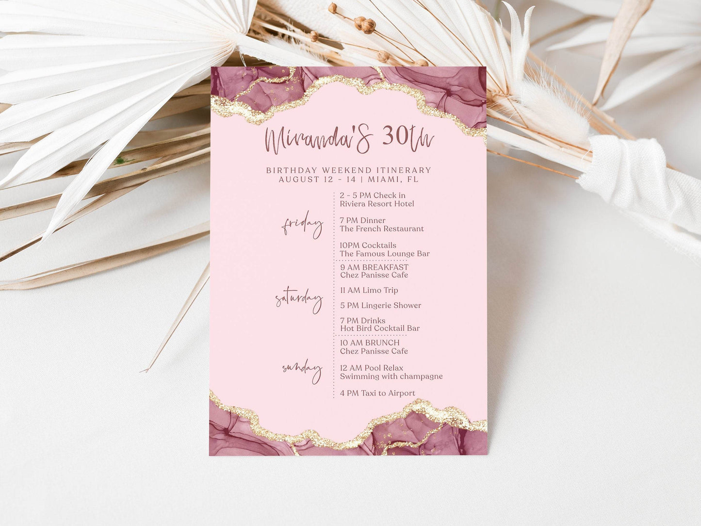 Printable Pink Gold Birthday Weekend Itinerary Template, Editable 30th Birthday Party Weekend Schedule, Digital Planning Program, Instant Download