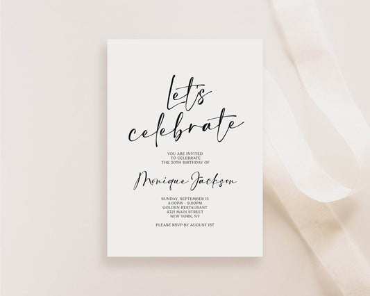 Simple Let's Celebrate Invitation Template, Printable Surprise Birthday Party Invites, Modern, Anniversary Invites, Editable Birthday Invite