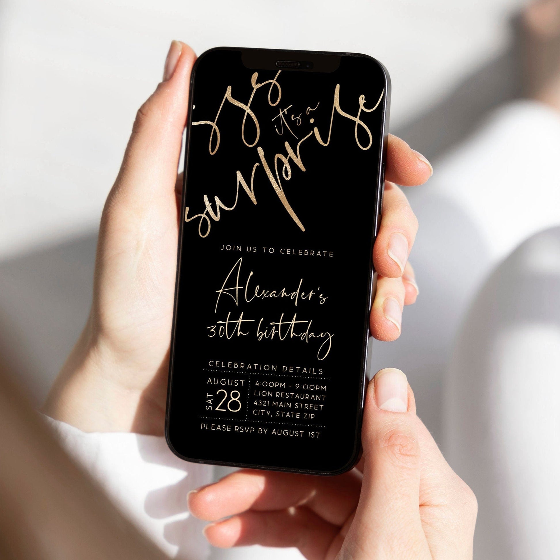 Digital Black Gold 40th Forty Shhh its a surprise, Electronic birthday invitation template, Editable Text Message Invite, Custom Phone Evite