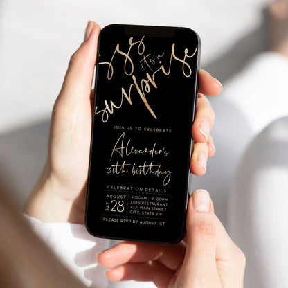 Digital Black Gold 40th Forty Shhh its a surprise, Electronic birthday invitation template, Editable Text Message Invite, Custom Phone Evite