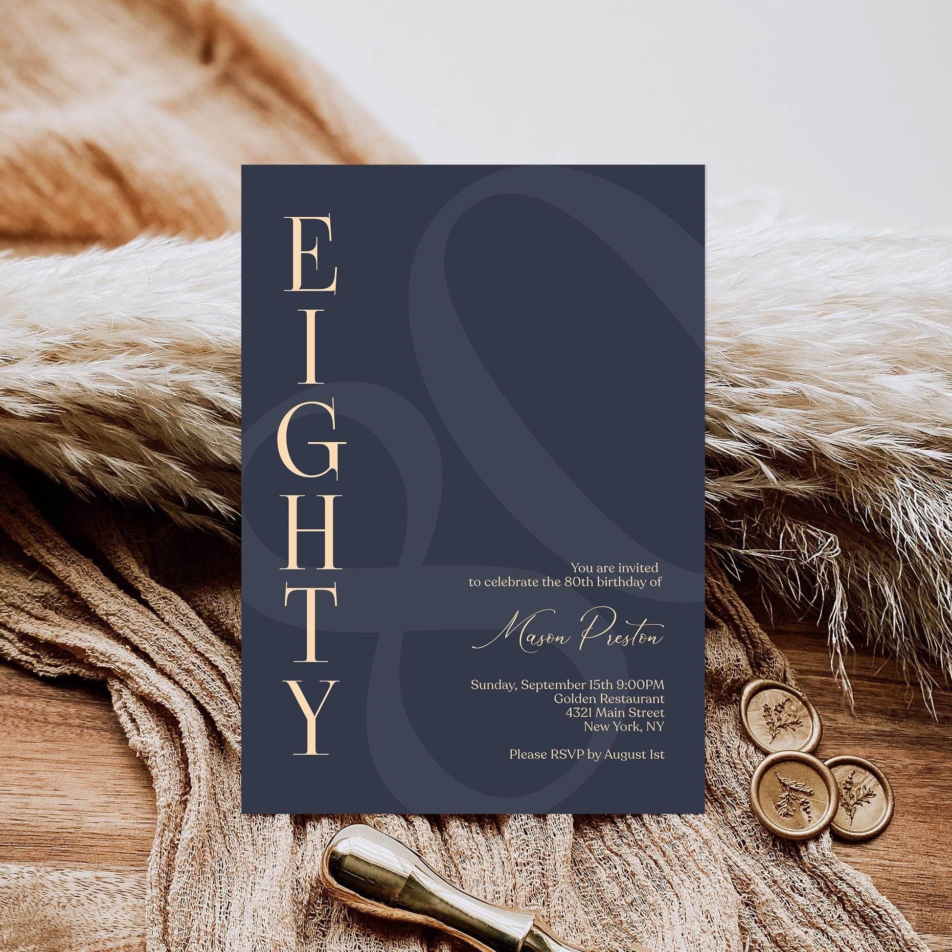 Navy 80th Eighty Birthday Invitation Template, Printable Minimalist Birthday Invite, 80th Modern Elegant Men Birthday Card, Editable Invite