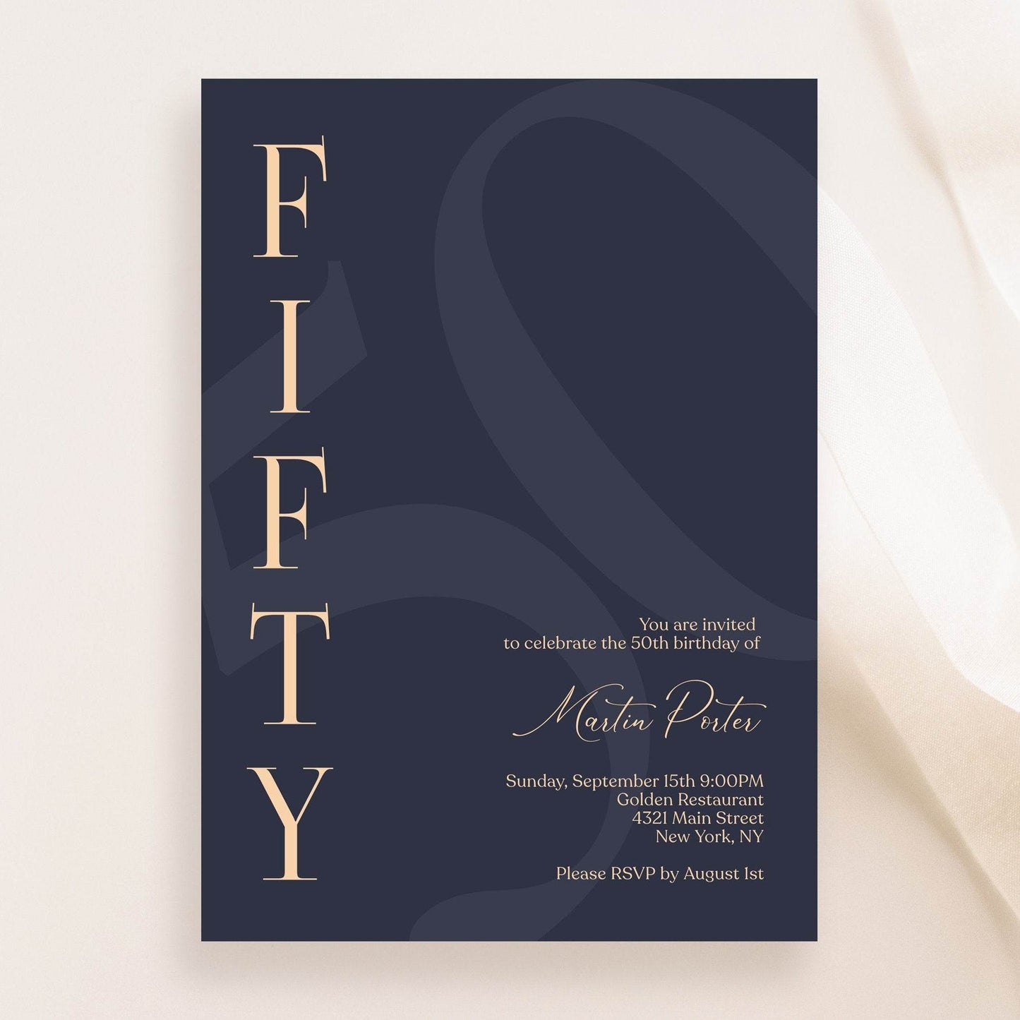 Navy 50th Birthday Invitation Template, Printable Minimalist Fifty Birthday Invite, Modern Elegant Men’s Birthday Evite, Editable Instant Download