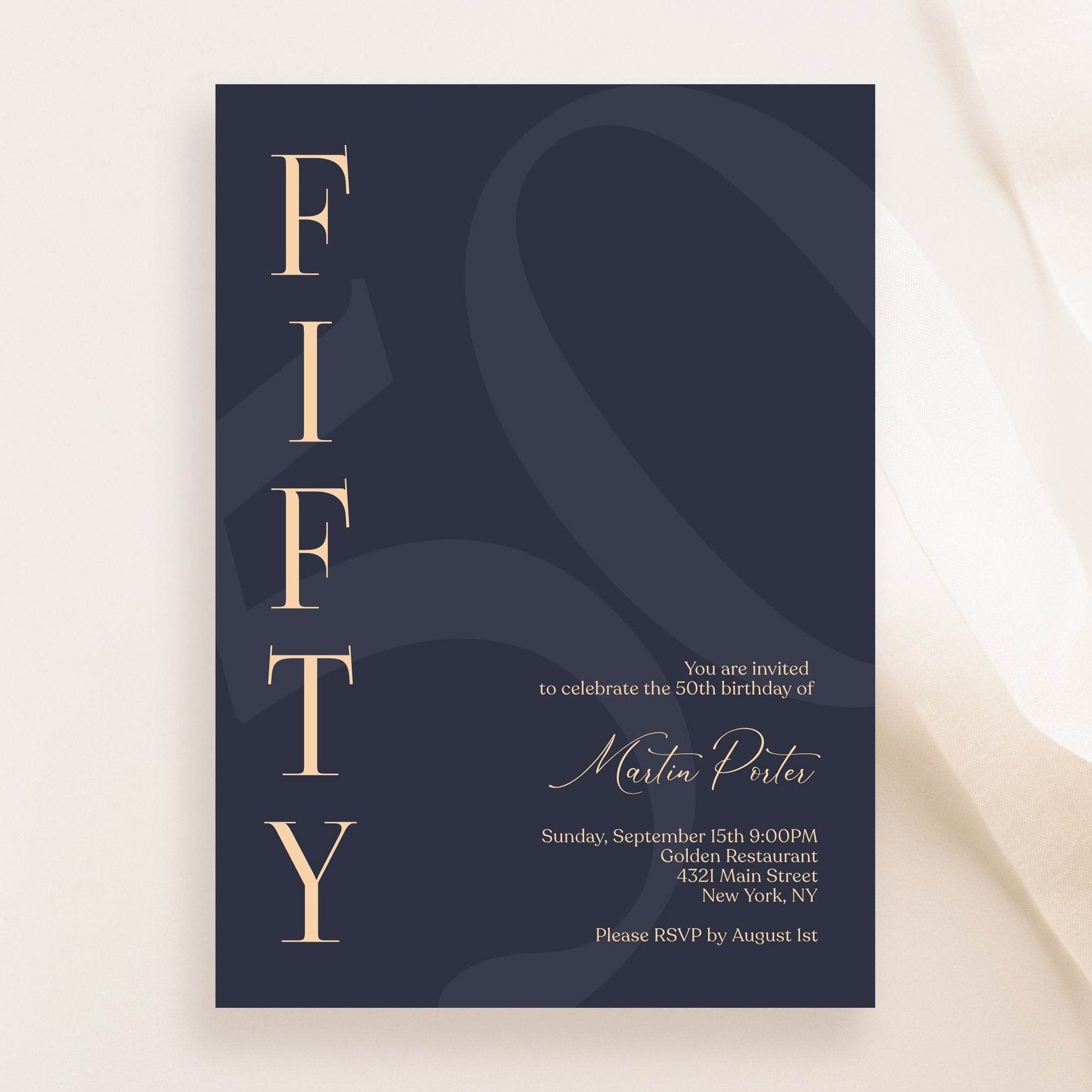 Navy 50th Birthday Invitation Template, Printable Minimalist Fifty Birthday Invite, Modern Elegant Men’s Birthday Evite, Editable Instant Download