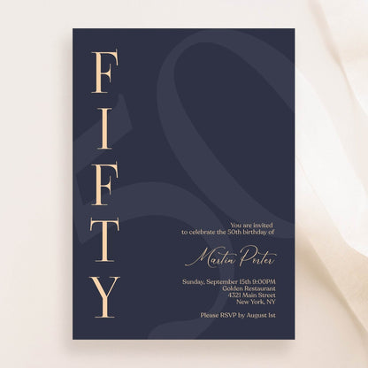 Navy 50th Birthday Invitation Template, Printable Minimalist Fifty Birthday Invite, Modern Elegant Men’s Birthday Evite, Editable Instant Download