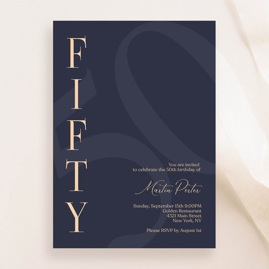 Navy 50th Birthday Invitation Template, Printable Minimalist Fifty Birthday Invite, Modern Elegant Men’s Birthday Evite, Editable Instant Download