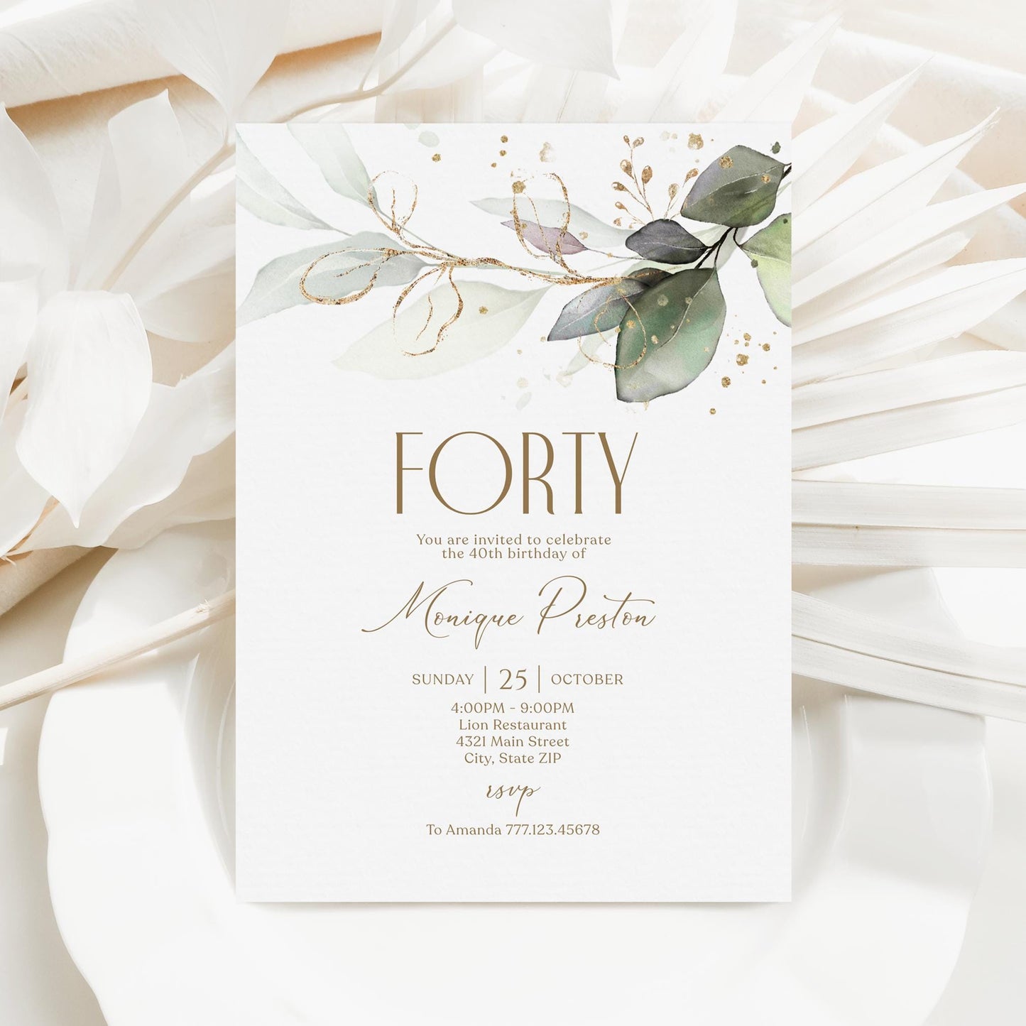 Editable Forty 40th birthday Invitation Card Template, Printable Greenery Gold Leaves Birthday Invite, Digital Template, Email Text Message
