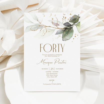 Editable Forty 40th birthday Invitation Card Template, Printable Greenery Gold Leaves Birthday Invite, Digital Template, Email Text Message