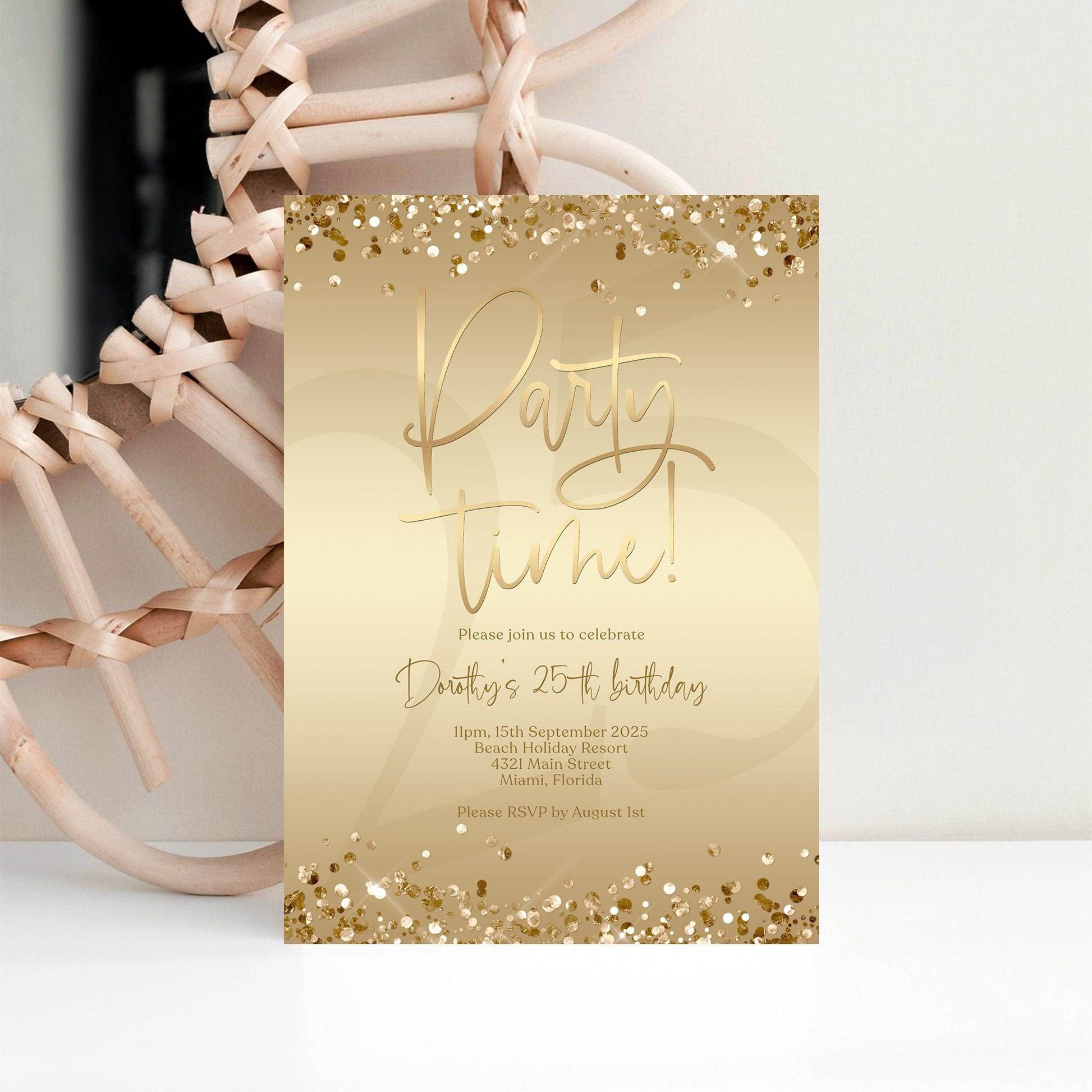 Editable Gold Foil Birthday Invitation, Printable Party Time Invite, Gold Confetti Evite, Any Age Digital Text Message Invitation Template