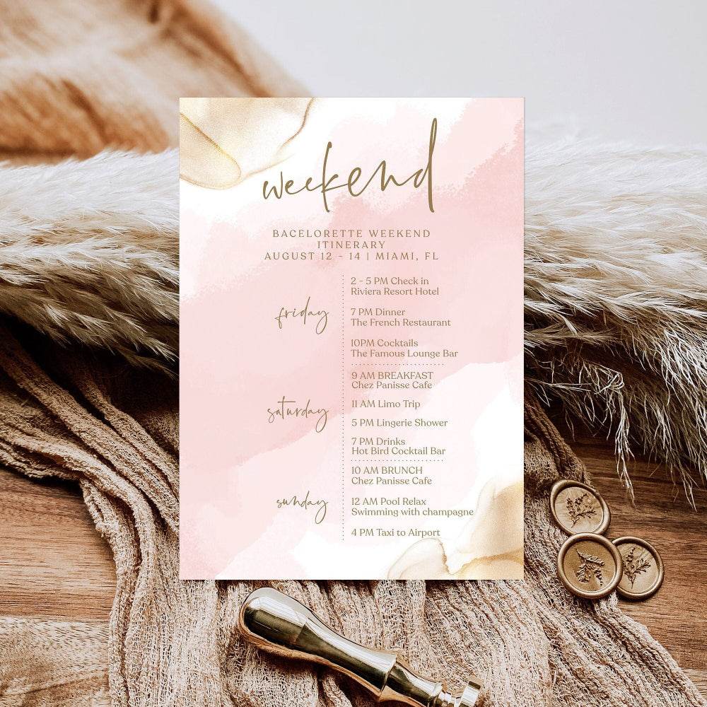 Printable Pink Gold Weekend Itinerary Template, Editable Hens Party Bachelorette Schedule, Minimalist Birthday Weekend Itinerary, Instant Download