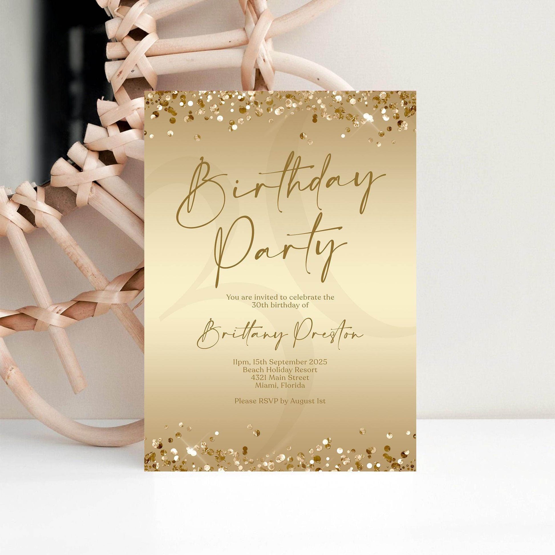 Editable Ladies Golden Birthday Party Invitation Template, Gold Party Invite, Printable Woman Brunch Card, Digital Email Text Message Evite